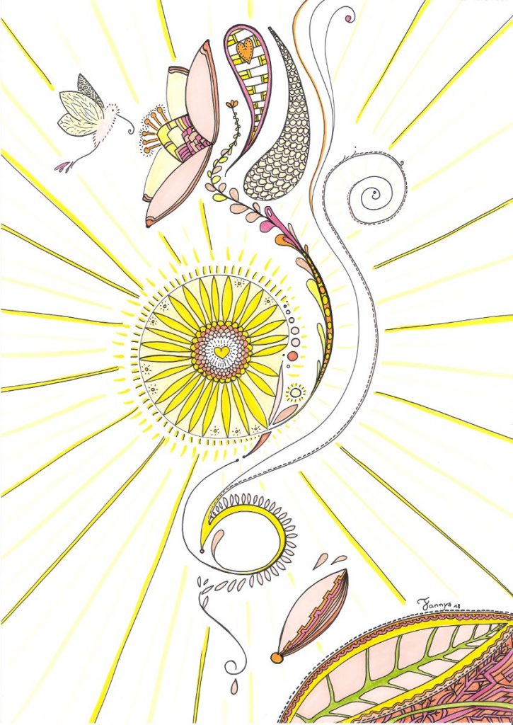 Mandala, dessin au feutre, papillon, colibre, fleur, soleil, végétal.
